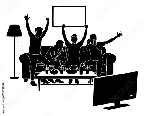 Silhouette of friends sitting on a sofa watching television and cheering for sports