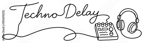 Minimalist line art illustration featuring Techno Delay text with electronic music hardware and headphones