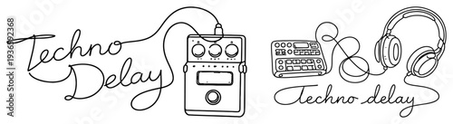 Collection of Techno Delay typography designs with line art musical equipment and audio gear icons