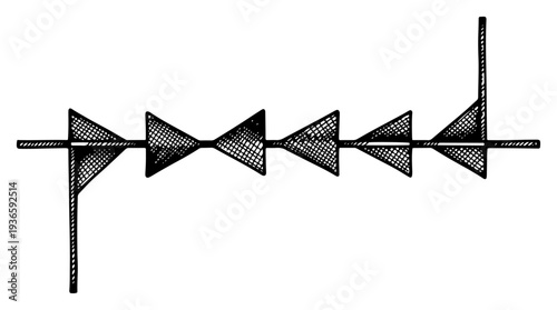 Abstract geometric diagram with triangular shapes on a horizontal line in hand drawn hatched style