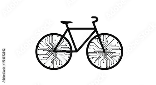 Modern bicycle silhouette with integrated circuit wheels symbolizing technology and innovation
