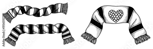 Hand drawn collection of knitted sports scarves with stripes and heart pattern for football fans