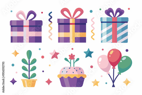 Colorful gifts balloons and a cupcake celebrate a festive occasion