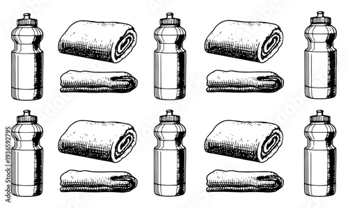 Vintage style hand drawn illustration of gym accessories including water bottles and rolled towels