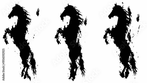 Three black silhouettes of rearing horses in an artistic brushstroke style