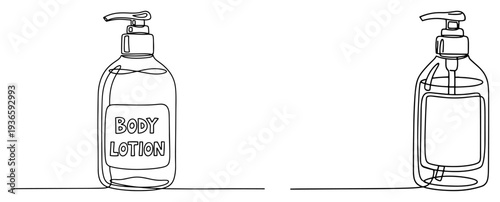 Minimalist continuous line drawing of body lotion cosmetic dispenser bottles