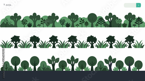 Stylized illustration of green trees and foliage in repeating rows