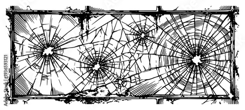 Smashed glass window pane with spiderweb cracks and bullet impact holes