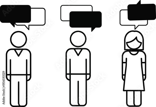 Three people with speech bubbles communicating