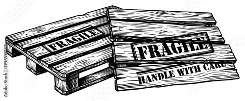 Wooden shipping pallet and crate boards with fragile handle with care stamps