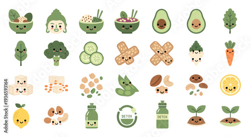 Kawaii Healthy Vegan Food and Detox Lifestyle Vector Icon Set