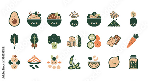 Kawaii Healthy Diet and Vegan Food Icon Set, Cute Vegetable and Plant Based Protein Illustrations