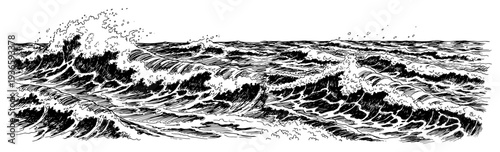 Detailed vintage engraving style illustration of powerful ocean waves on the sea surface