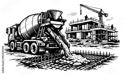 Concrete mixer truck pouring cement on a construction site with a crane