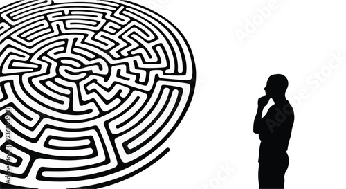 Silhouette of a person contemplating a complex circular maze, symbolizing challenges and solutions.