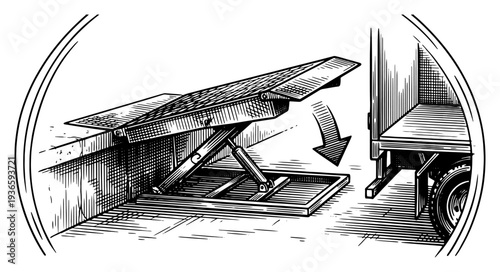 Technical engraving sketch of a hydraulic loading dock ramp being lowered to a truck