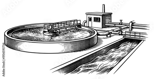 Vintage style technical illustration of a circular industrial water treatment tank and sewage facility