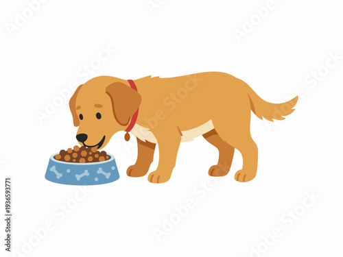 Cute Golden Retriever puppy eating dog food from a blue bowl cartoon illustration.