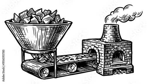 Hand drawn architectural sketch of an industrial furnace kiln with a conveyor belt and hopper