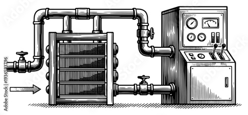 Detailed engraving of an industrial machine control panel with pipes and valves