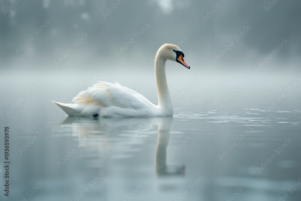 Obraz premium Elegant white swan swimming in misty lake water at dawn 