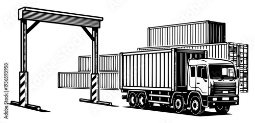 Commercial freight truck transporting shipping container at industrial terminal gate