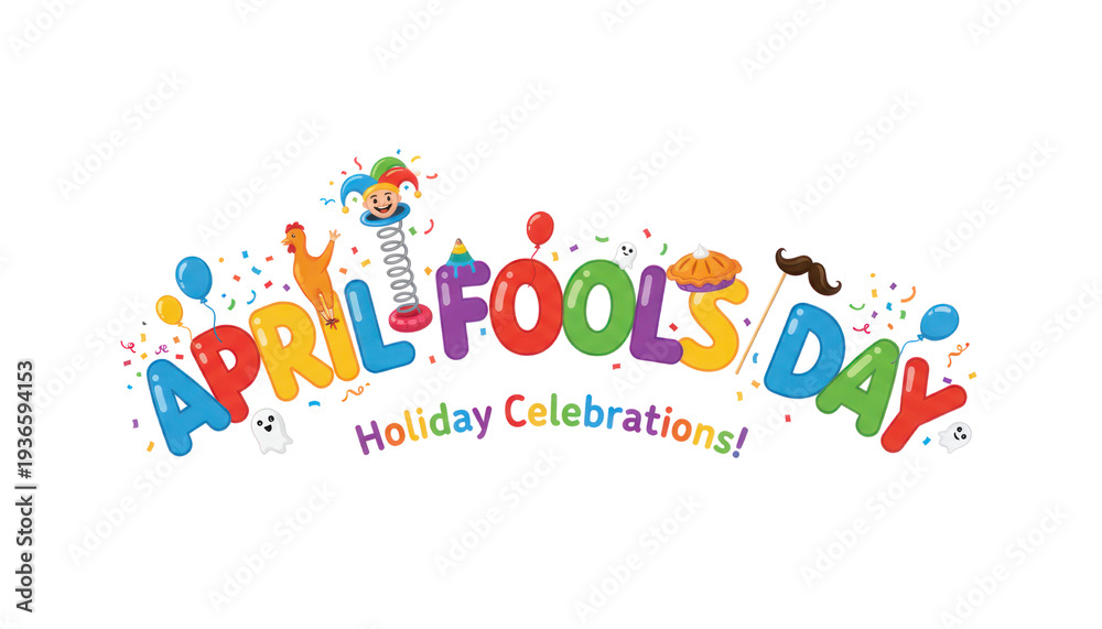 Fototapeta premium Happy april fool's day colorful text design celebrating the spirit of fun and laughter with festive elements isolated on white