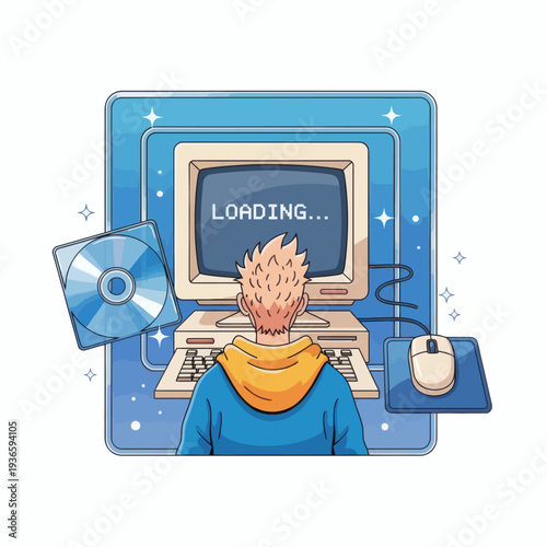A nostalgic illustration of a person eagerly waiting for a retro game to load on a vintage computer screen, capturing the classic digital experience