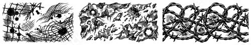 Collection of hand drawn textures featuring barbed wire and battleground mud splatters
