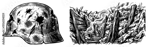 Vintage engraving style set featuring a damaged military helmet and war trench scene