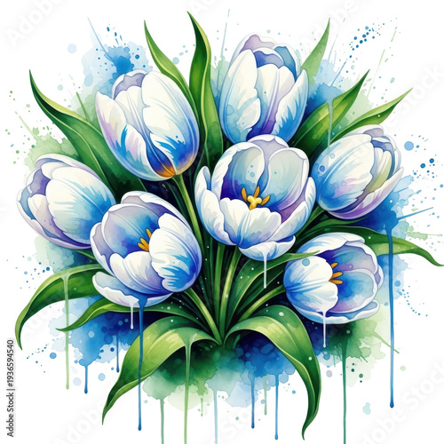 Elegant Tulip Bouquet: A watercolor illustration of a beautiful tulip bouquet, bursting with vibrant blooms, captures the delicate beauty and charm of nature's artistry.