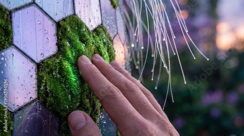 Human hand touching organic moss on futuristic hexagonal panels representing green technology.