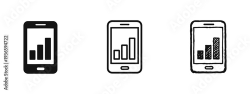 Mobile analytics, smartphone with bar chart icon set in different styles for data analysis and reports.
