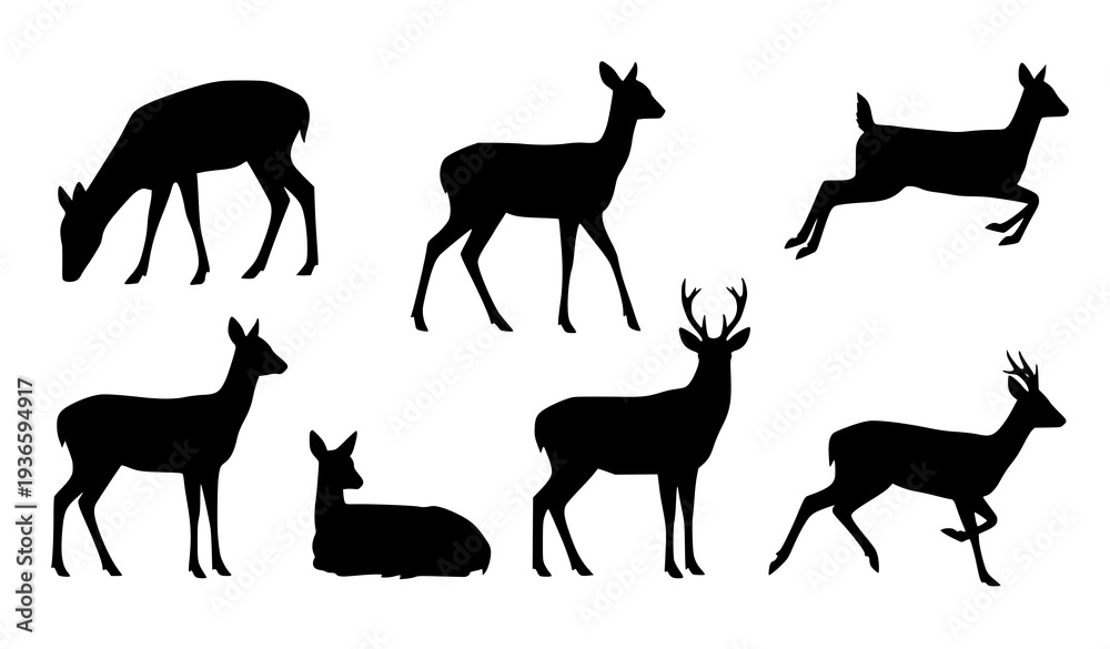 Fototapeta premium Top-down black deer silhouettes vector set with male, female, and roe deer