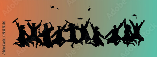 Group of International Students Celebrating Graduation. Graduation ceremony. Happy crowd of graduate students in academic caps. Cheerful people silhouette. Congrats grads Class of 2026. Decorative ban
