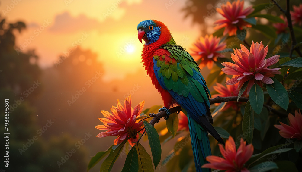 Obraz premium Colorful parrot perched on branch among vibrant flowers at sunset 