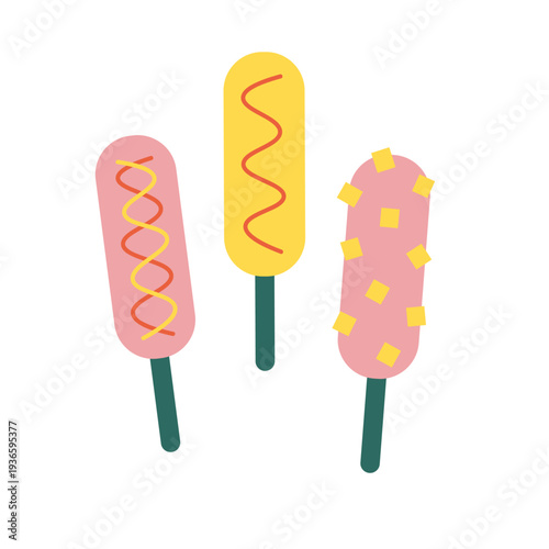 Cartoon corn dog in dough with sauce. Korean style street food with mustard and toppings. Vector on isolated on white background. Food made from kebab sausages.