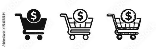Online shopping, e-commerce with dollar in shopping cart icon set. Purchase and retail symbol.