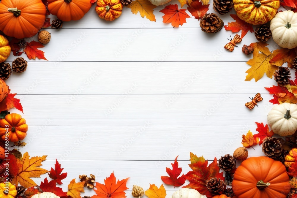 Obraz premium Festive Autumn Scene With Pumpkins and Orange Leaves on White Wood