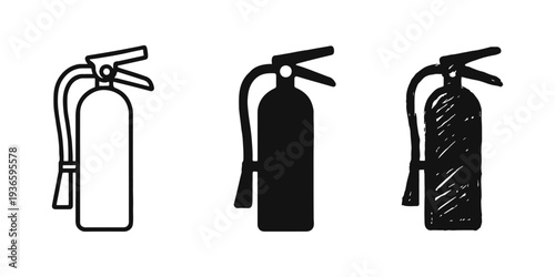 Fire extinguisher icon set in various styles: outline, solid, and hand-drawn. Safety equipment for emergencies.