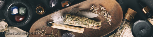 Photos Rustic Aromatherapy and Healing Crystal Arrangement on Dark Background