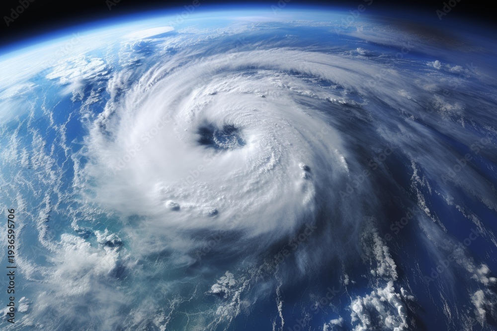 Fototapeta premium Powerful hurricane creating massive storm system over ocean viewed from orbit