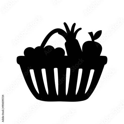 Monochrome silhouette illustration of a basket filled with fruits and vegetables