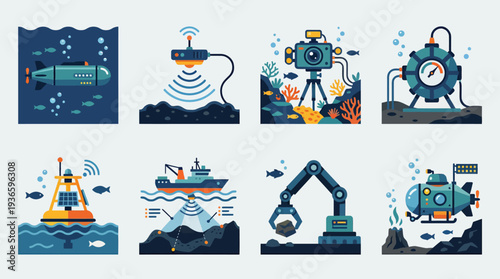 Exploring the profound mysteries of the ocean through innovative deep-sea technology and advanced underwater exploration equipment, a comprehensive vector illustration set