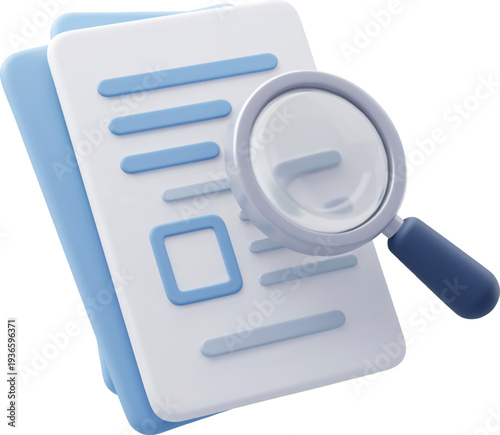 3D vector Document files with magnifying glass. Research, Analysis, Review, Audit, Inspection and Information search concept.
