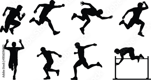 Athlete running and hurdle jumping silhouettes collection with sprint action poses isolated on white background for sport training concept