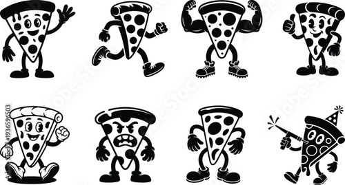 vintage vector cartoon pizza character set, black and white mascot collection with funny poses and expressions