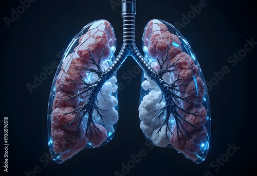 Human Lungs with Glowing Blue Veins and Alveoli on Dark Background.