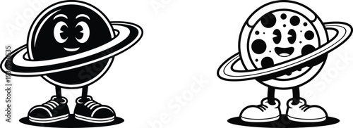 retro space cartoon mascots, black and white vector illustration, solid Saturn and pepperoni pizza planet characters