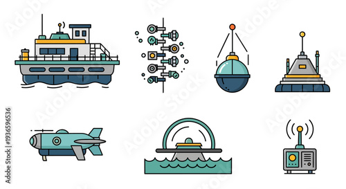 Collection of flat line icons showcasing various marine exploration equipment, underwater research vehicles, and advanced maritime technology tools for oceanic studies and scientific discovery